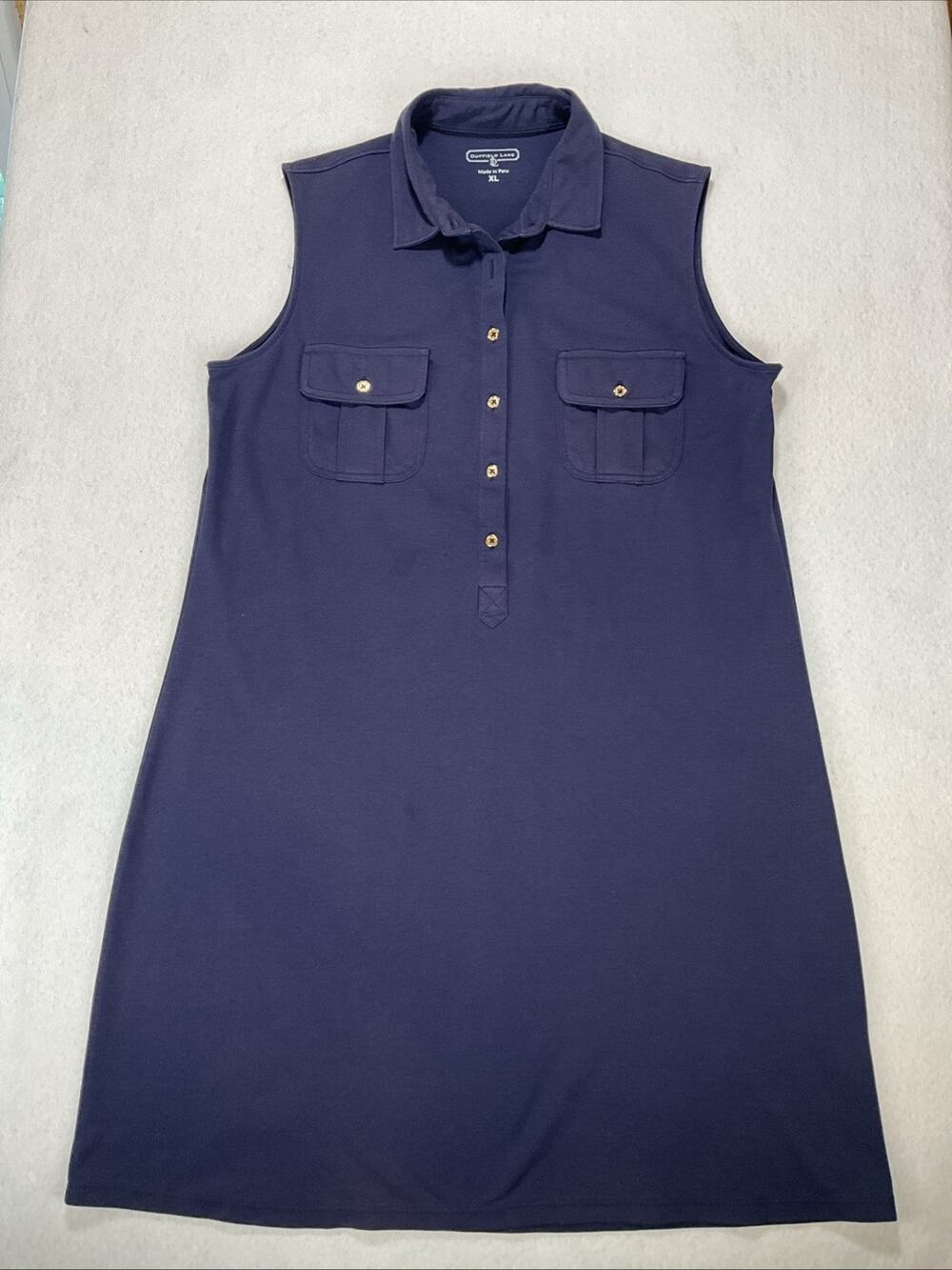 DUFFIELD LANE Sleeveless Navy Button-Front Classic Country Club Polo Dress Sz XL